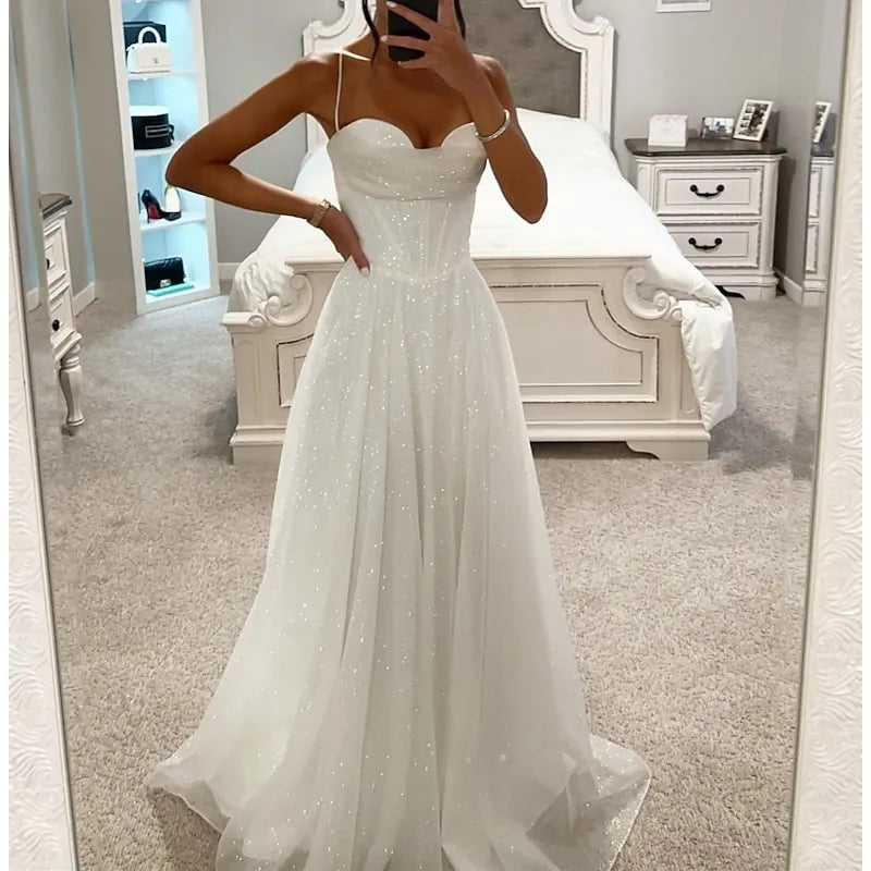 Glamorous A-line Sweetheart Sparkly Elegant Champagne Floor Length Prom Dress For Sale