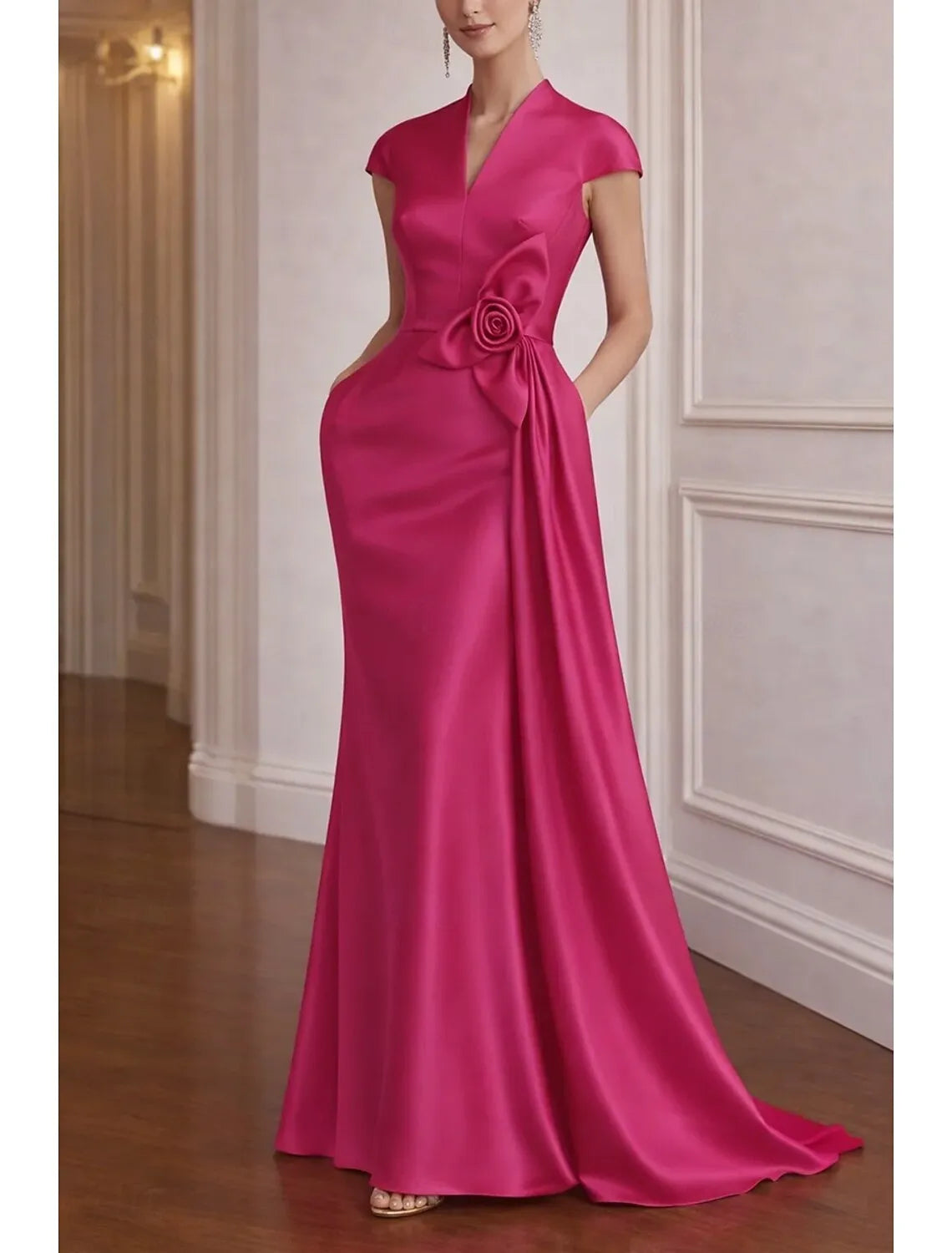 Glamorous Mermaid V-Neck Cap Sleeve Floral Applique Fuchsia Floor-Length Prom Dress With Pocket