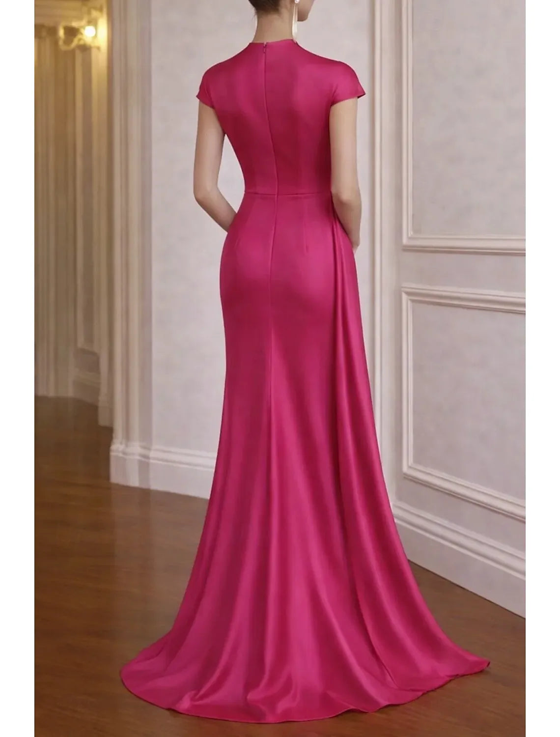 Glamorous Mermaid V-Neck Cap Sleeve Floral Applique Fuchsia Floor-Length Prom Dress With Pocket