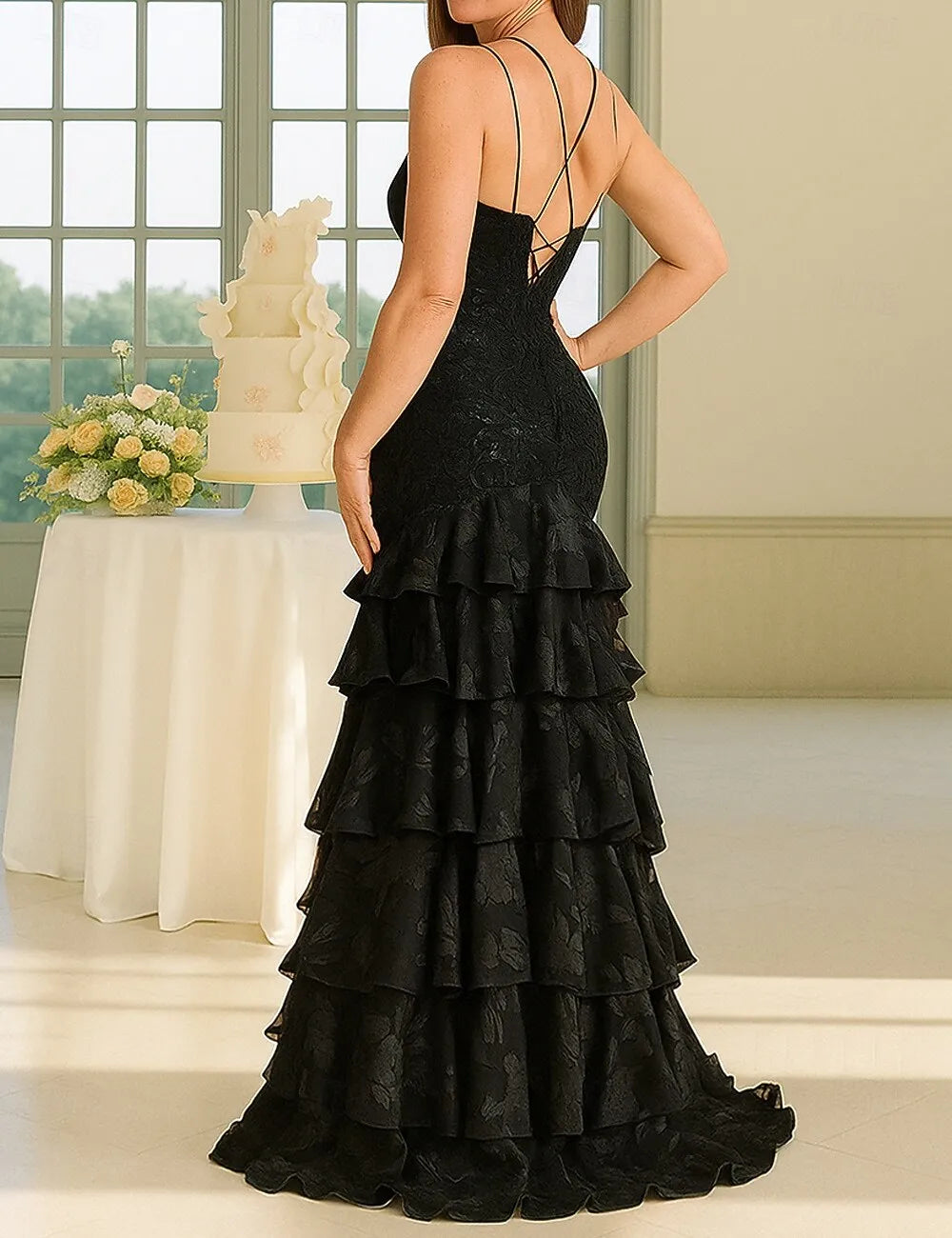 Glamorous Mermaid V-Neck Tiered Ruffle Lace Black Floor Length Evening Dress With Slit