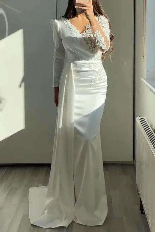 Glamorous Mermaid V-neck Long Sleeve Appliqued White Train Prom Dress For Sale