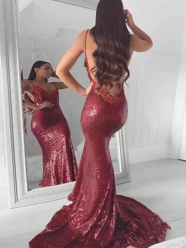 Glamorous Mermaid V-neck Sequin Burgundy Evening Dress For Ladies Hot Sale
