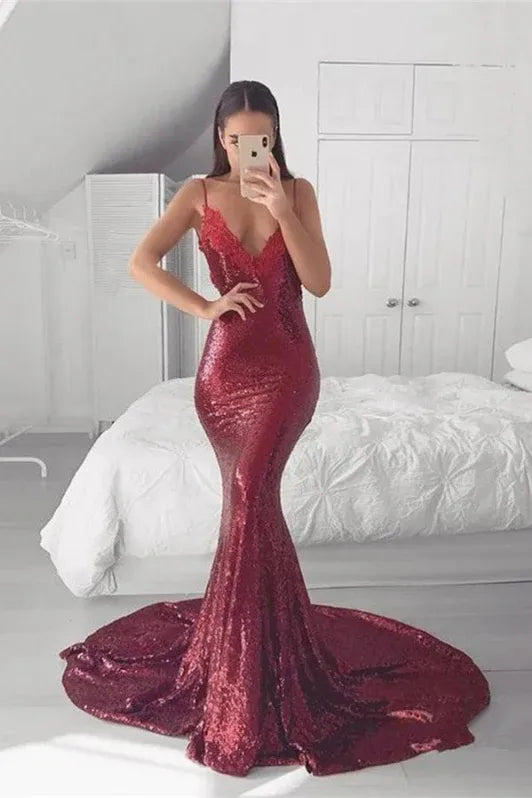 Glamorous Mermaid V-neck Sequin Burgundy Evening Dress For Ladies Hot Sale