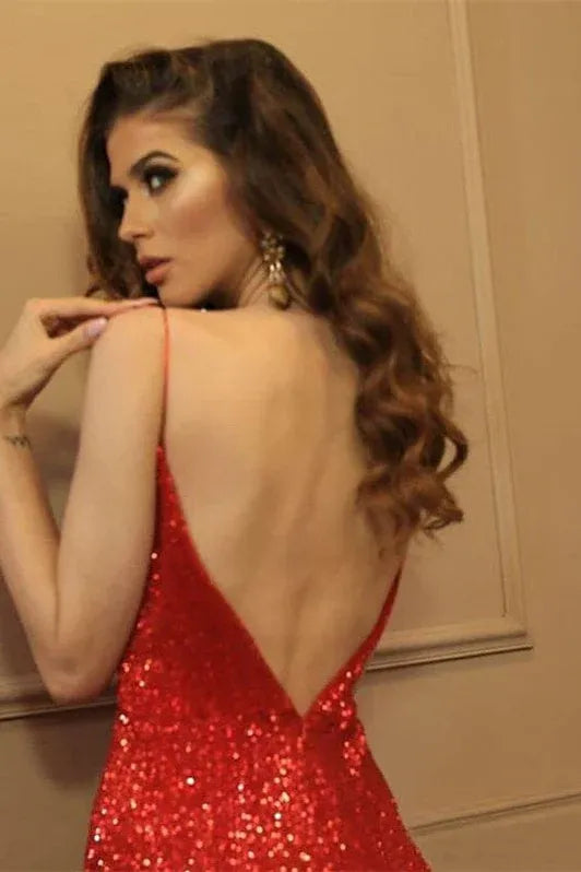 Glamorous Mermaid V-neck Sequin Red Maxi Evening Dress For Ladies Custom