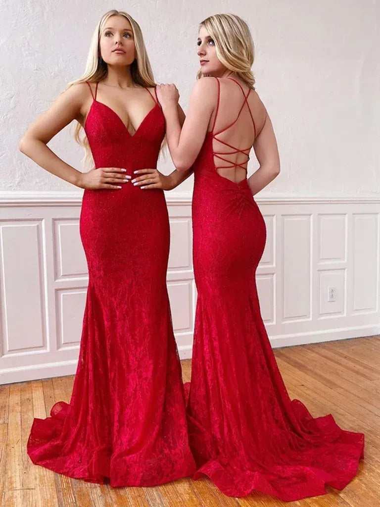 Glamorous Mermaid V Neck Lace Red Evening Dress With Sweep Train