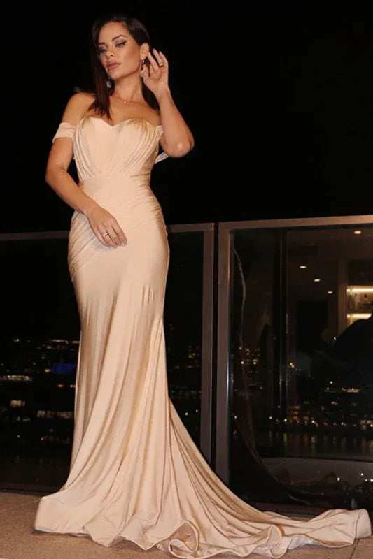 Glamorous Mermaid Off-shoulder Ruched Champagne Prom Dress With Train For Sale