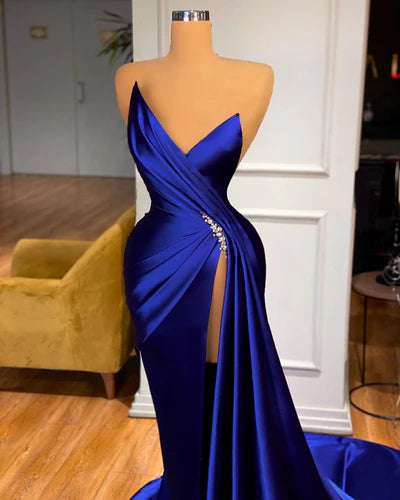 Glamorous Royal Blue Strapless Mermaid Long Slit Prom Dress Evening Gowns With Sweep Train