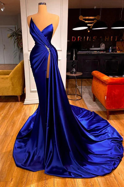 Glamorous Royal Blue Strapless Mermaid Long Slit Prom Dress Evening Gowns With Sweep Train