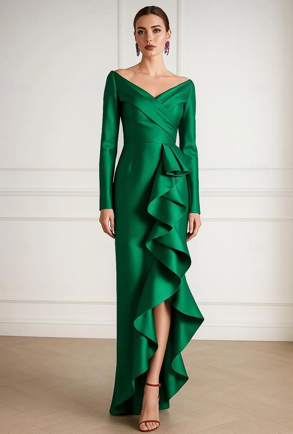Glamorous Sheath Off-Shoulder Long Sleeve Ruffled Emerald Floor-Length Prom Dress For Women Ready To Ship