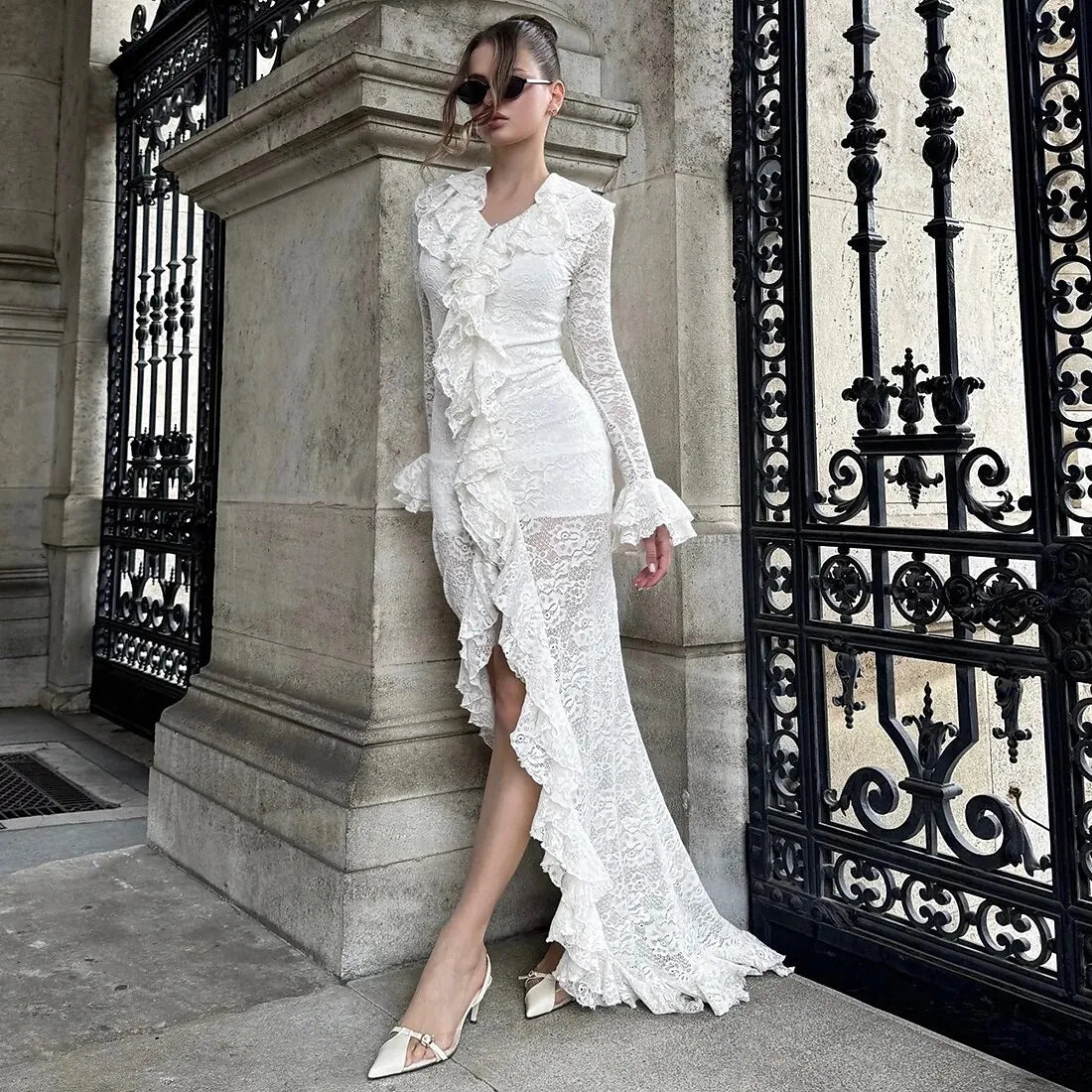 Glamorous Slim-Fit V-Neck Long-Sleeve Ruffled Lace White Asymmetric Prom Dress for Women Hot Sale