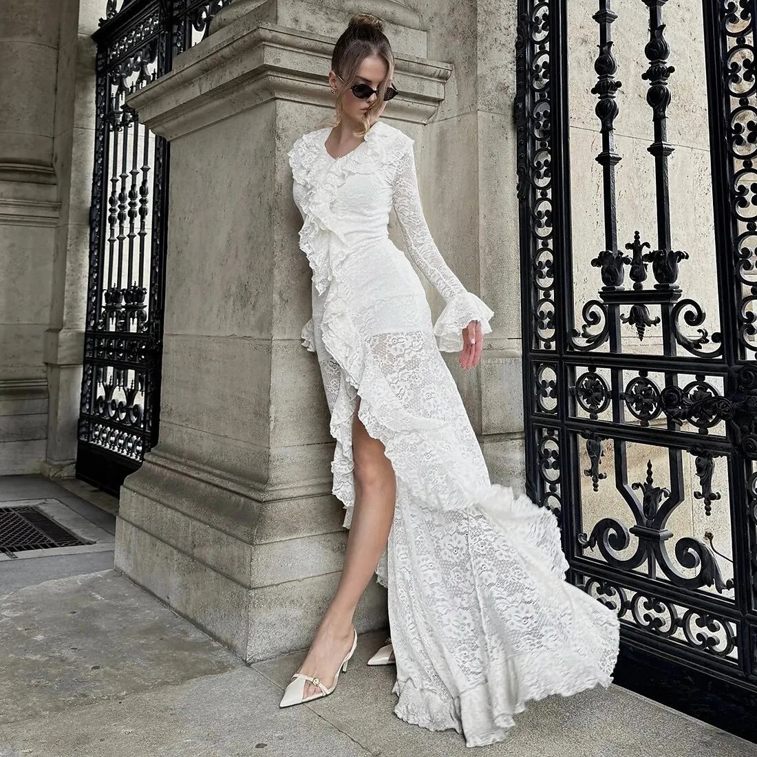 Glamorous Slim-Fit V-Neck Long-Sleeve Ruffled Lace White Asymmetric Prom Dress for Women Hot Sale