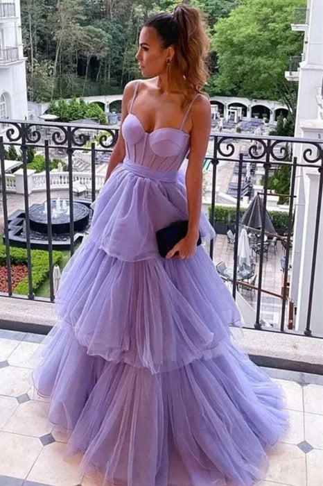 Glamorous Tulle Tiered Bodycon A-line Spaghetti Strap Prom Dress Sleeveless Discount Long Party Dress Ball Gown