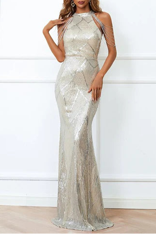 Glamorous White Sequin Halter Fringe Mermaid Floor Length Long Evening Dress