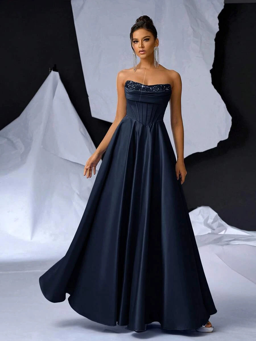 Glamorous A-Line Strapless Corset Sequin Satin Navy Blue Floor-Length Prom Dress