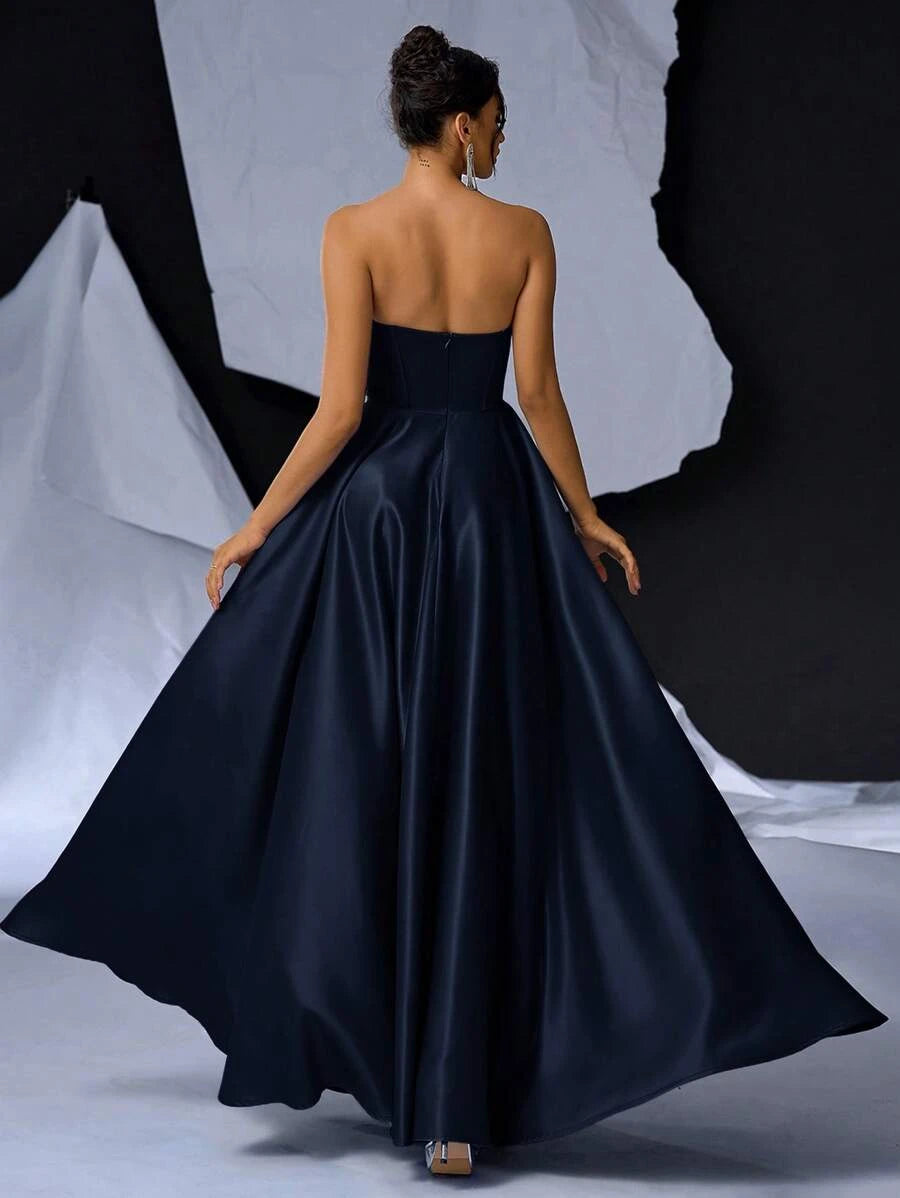 Glamorous A-Line Strapless Corset Sequin Satin Navy Blue Floor-Length Prom Dress