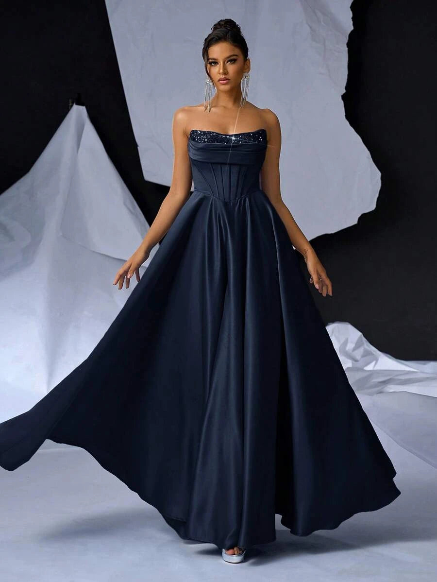 Glamorous A-Line Strapless Corset Sequin Satin Navy Blue Floor-Length Prom Dress