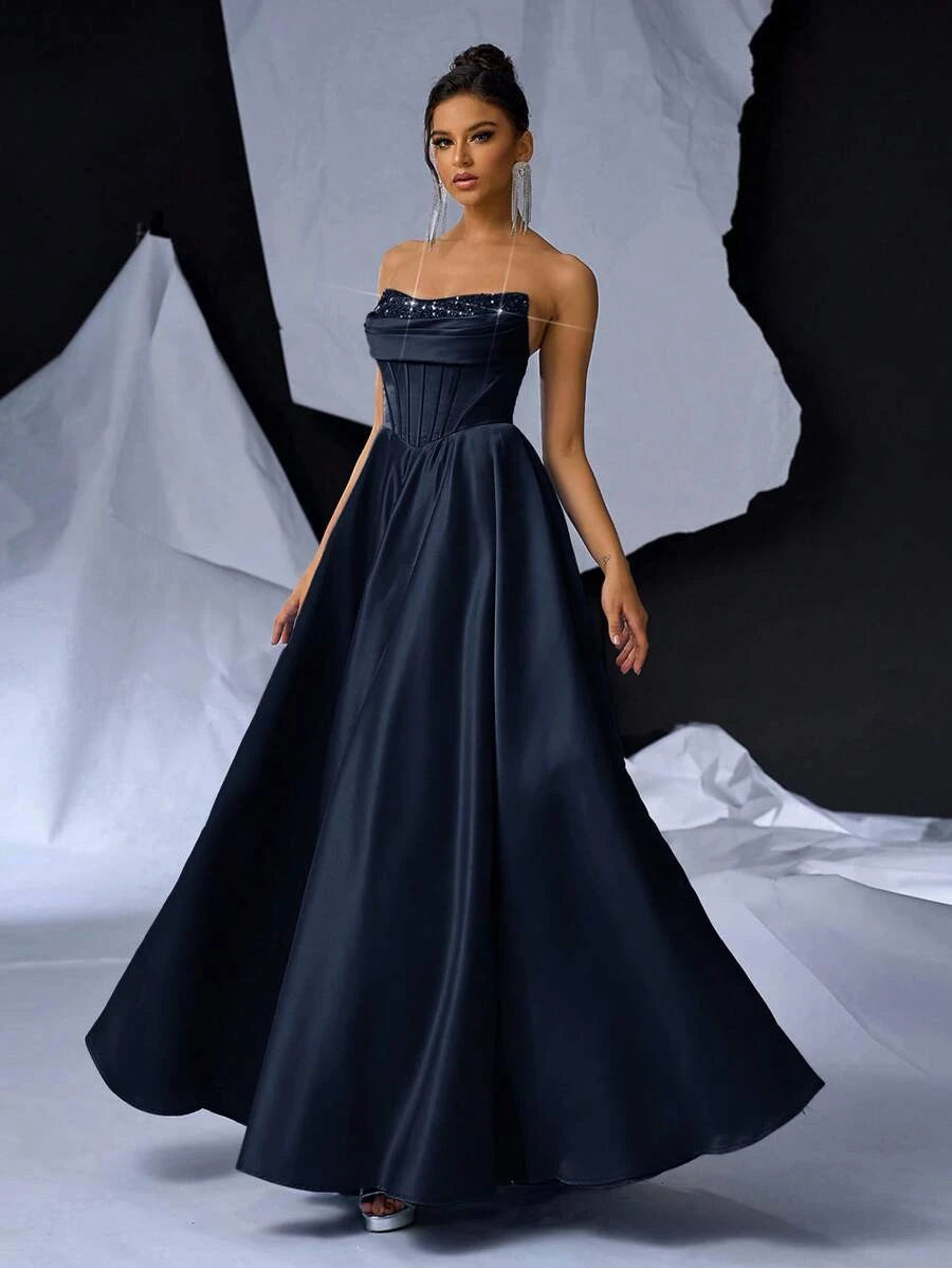 Glamorous A-Line Strapless Corset Sequin Satin Navy Blue Floor-Length Prom Dress