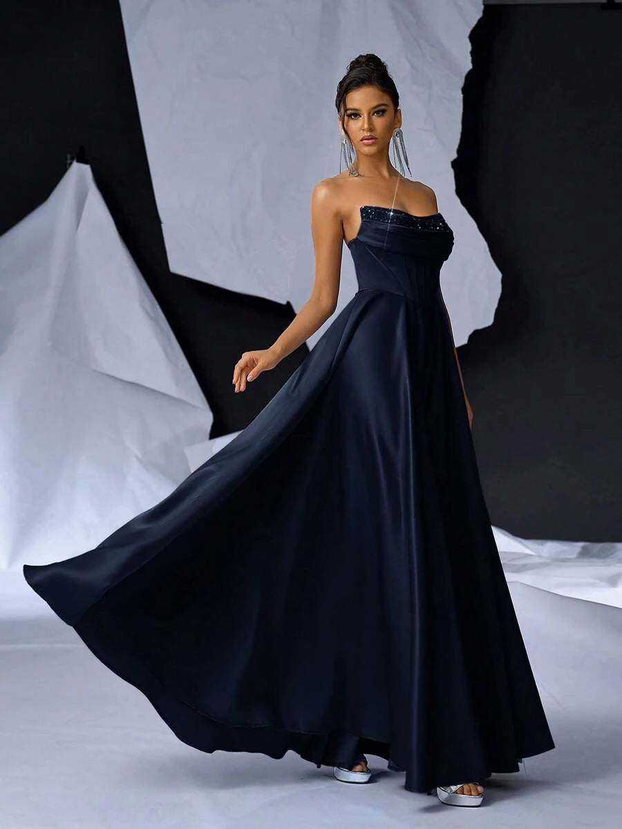 Glamorous A-Line Strapless Corset Sequin Satin Navy Blue Floor-Length Prom Dress