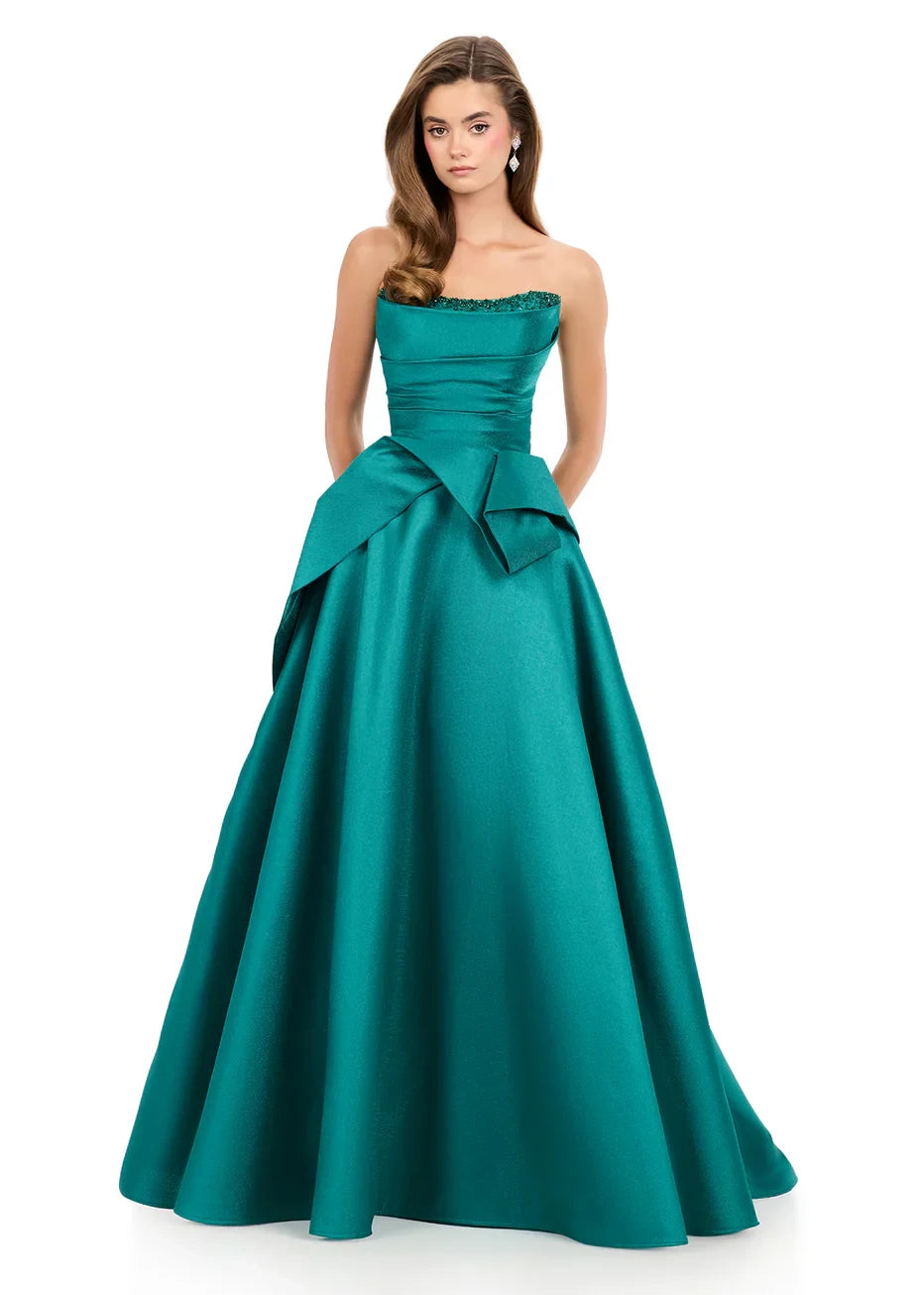 Glamorous A-Line Strapless Draped Jade Floor-Length Prom Dress With Beaded