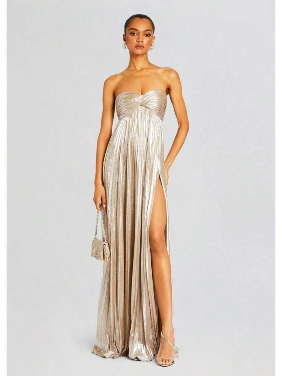 Glamorous A-Line Strapless Pleated High Slit Champagne Gold Floor-Length Prom Dress