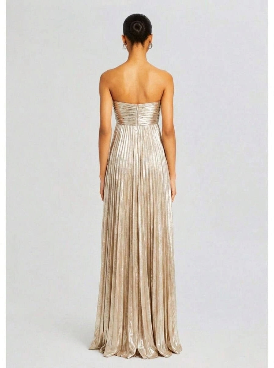 Glamorous A-Line Strapless Pleated High Slit Champagne Gold Floor-Length Prom Dress