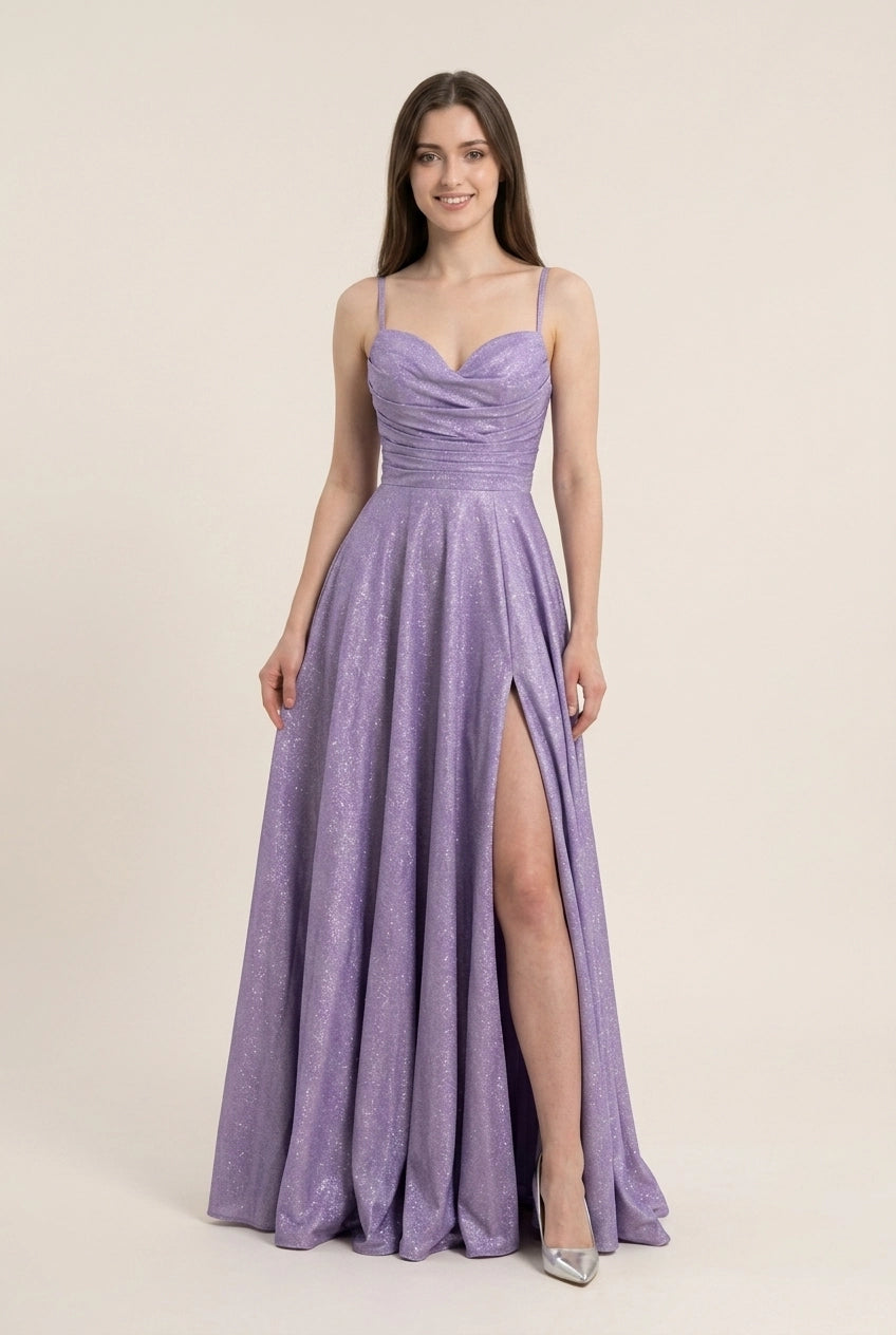 Glamorous A-Line Sweetheart Ruched High Slit Lavender Floor-Length Prom Dress