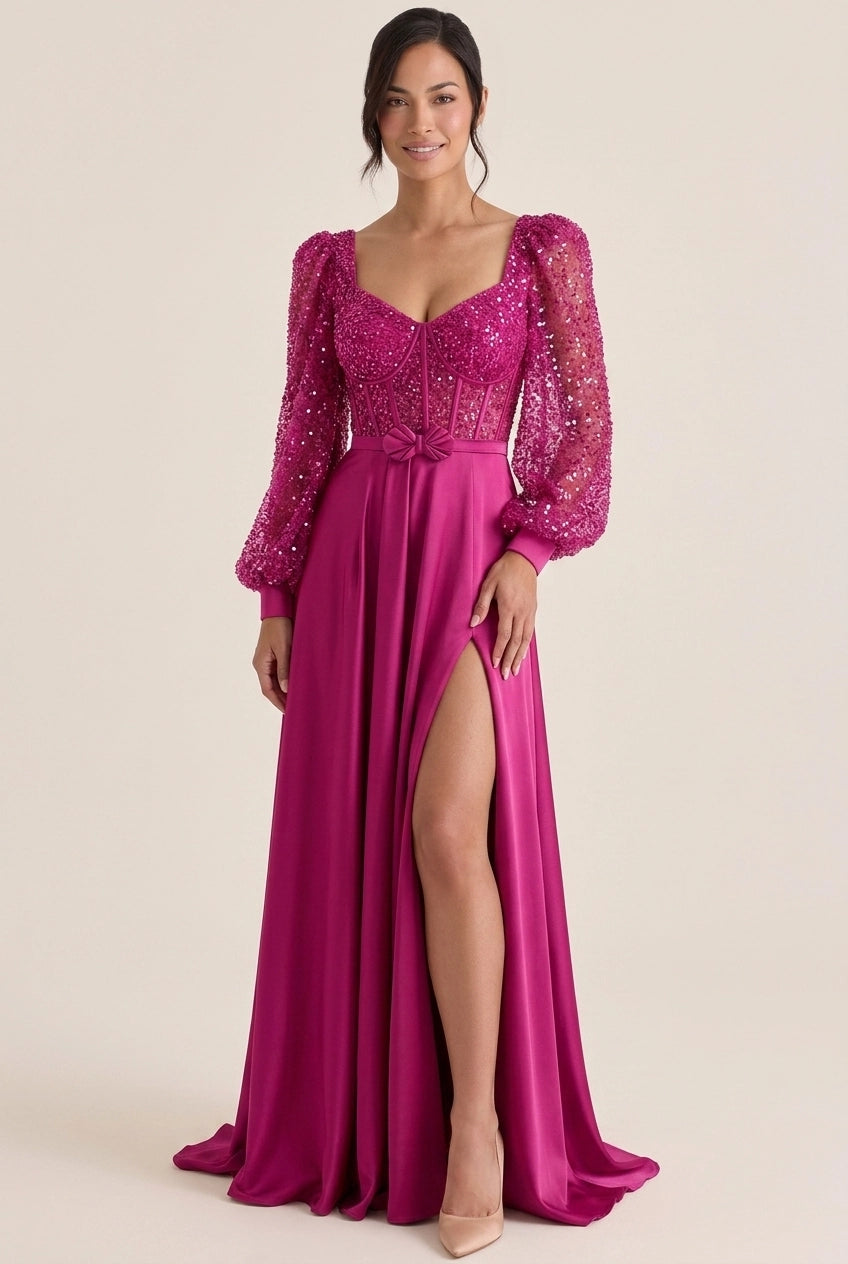 Glamorous A-Line V Neck Long Sleeves Sequin Slit Fuchsia Floor-Length Prom Dress