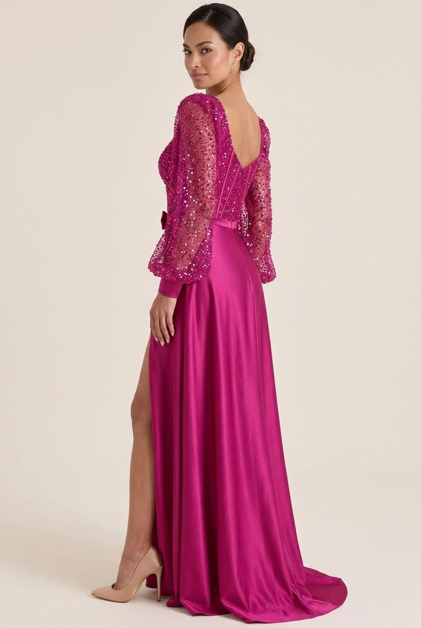 Glamorous A-Line V Neck Long Sleeves Sequin Slit Fuchsia Floor-Length Prom Dress