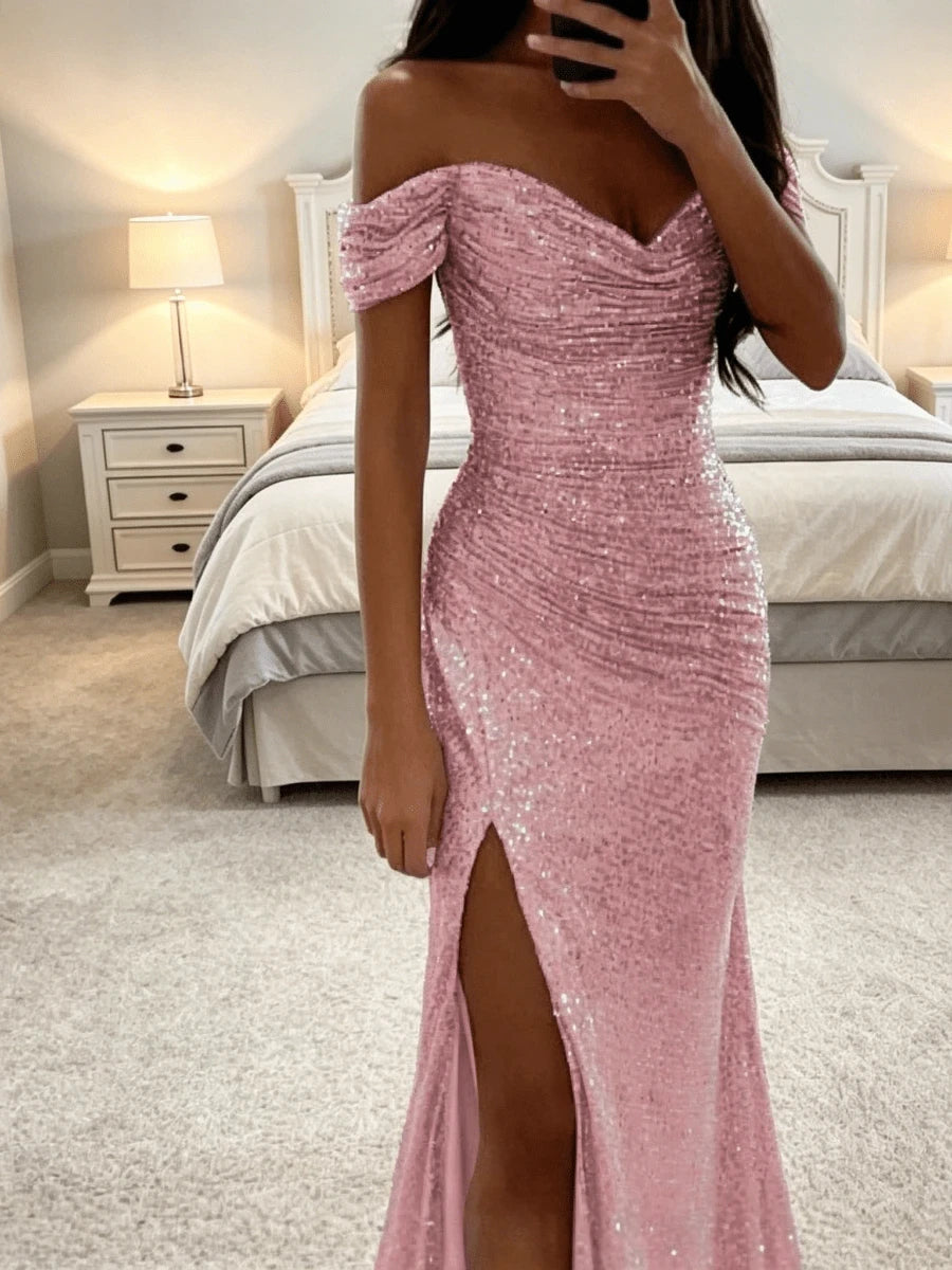 Glamorous Mermaid Off-Shoulder High-Slit Sequins Green Floor-Length Prom Dress