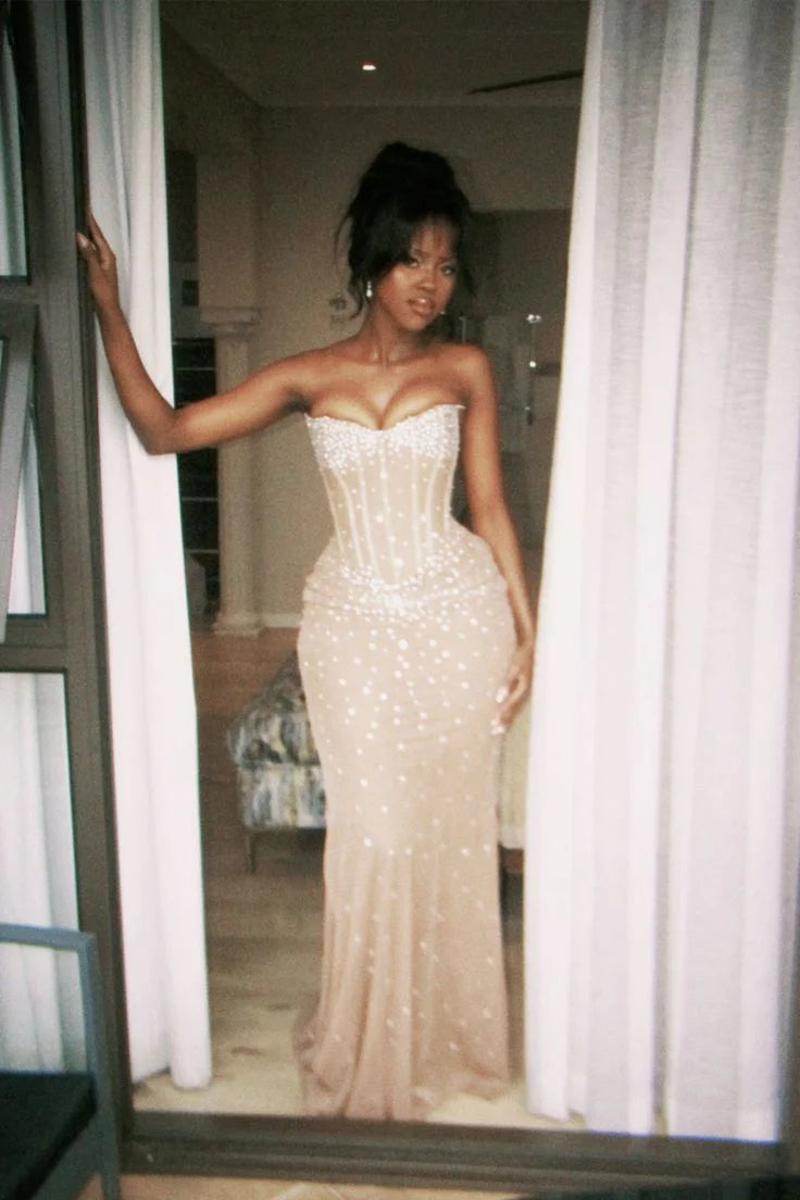 Glamorous Mermaid Strapless Corset Beaded Sequin Champagne Floor Length Prom Dress