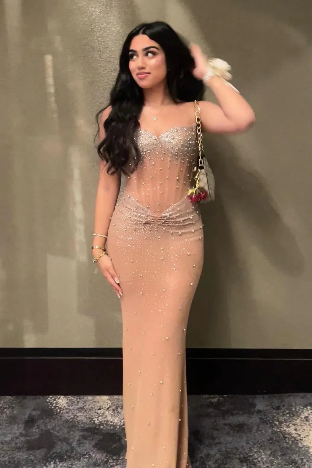 Glamorous Mermaid Strapless Corset Beaded Sequin Champagne Floor Length Prom Dress