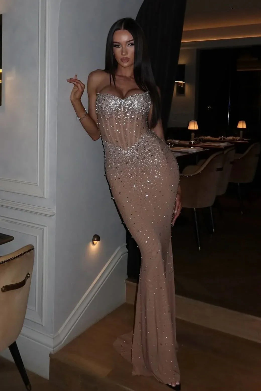 Glamorous Mermaid Strapless Corset Beaded Sequin Champagne Floor Length Prom Dress