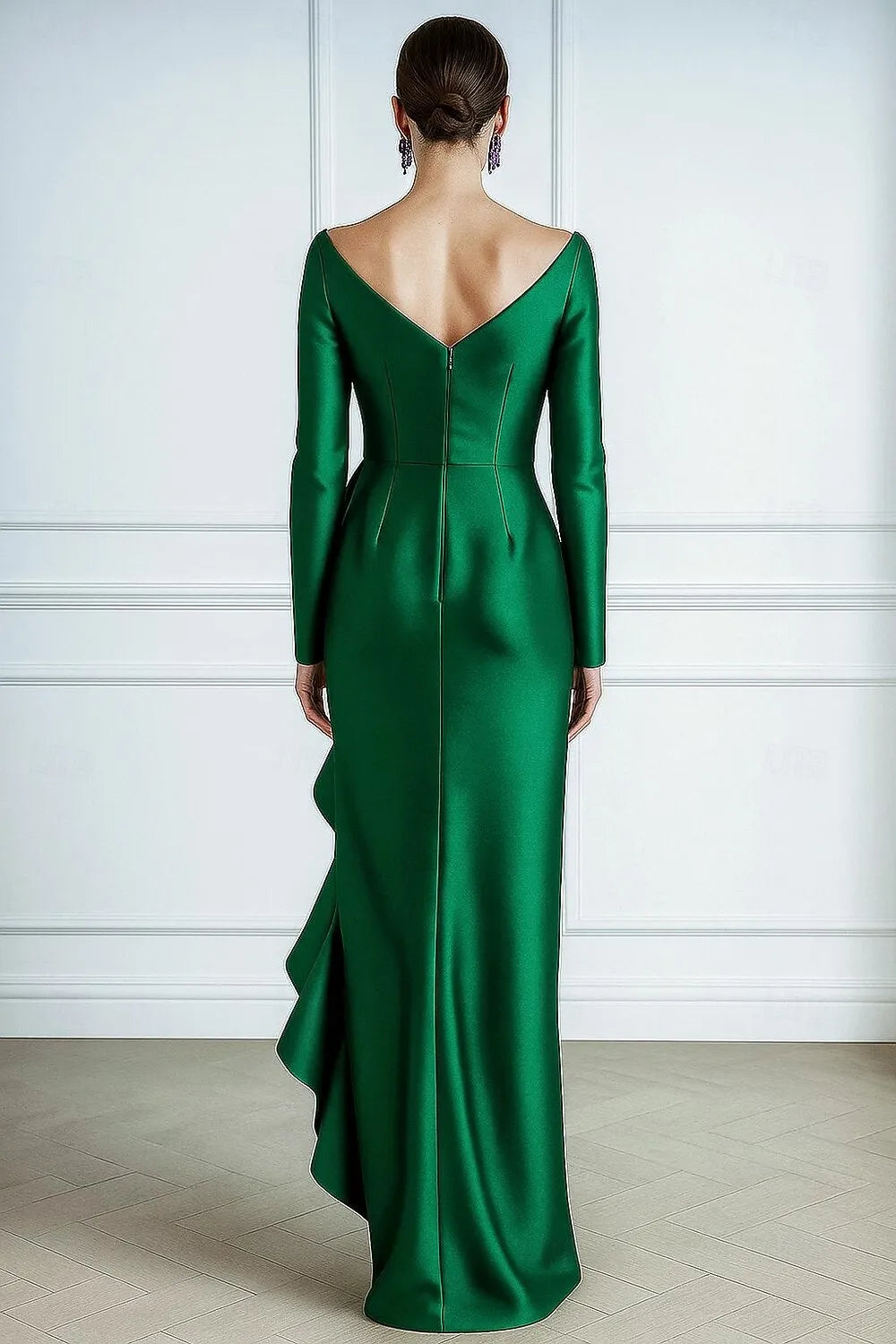 Glamorous Sheath Off-Shoulder Long Sleeve Ruffled Emerald Floor-Length Prom Dress For Women Ready To Ship
