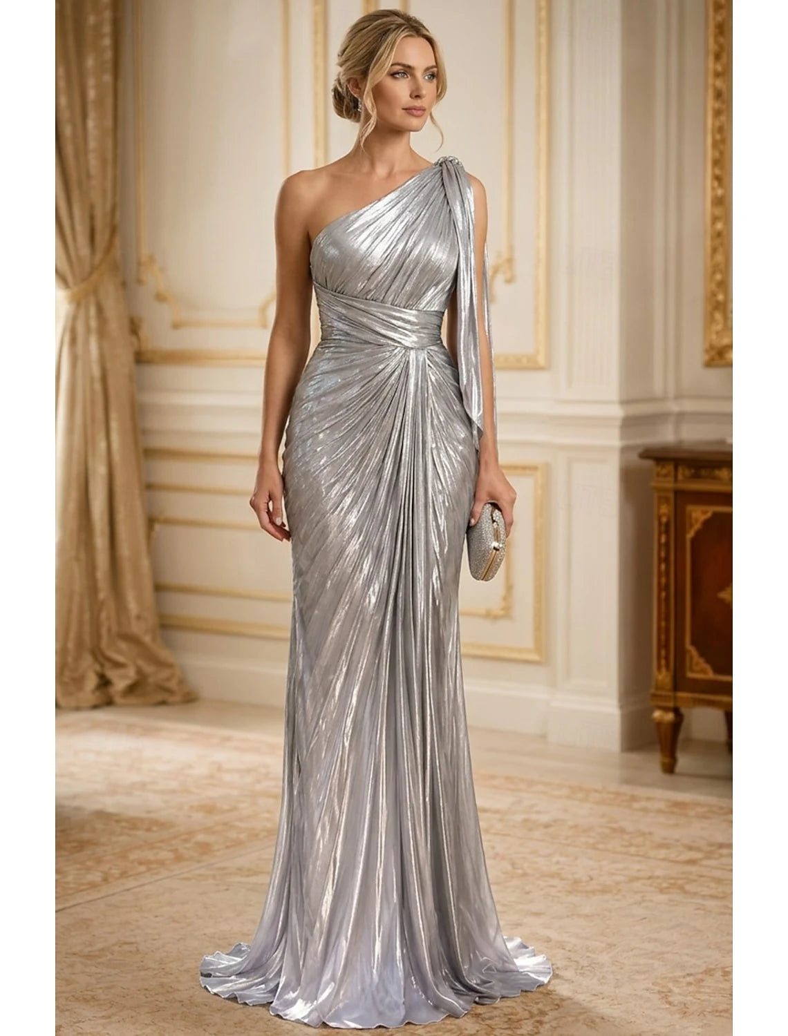 Glamorous Sheath One-Shoulder Ruched Draped Metallic Silver Floor-Length Prom Dress
