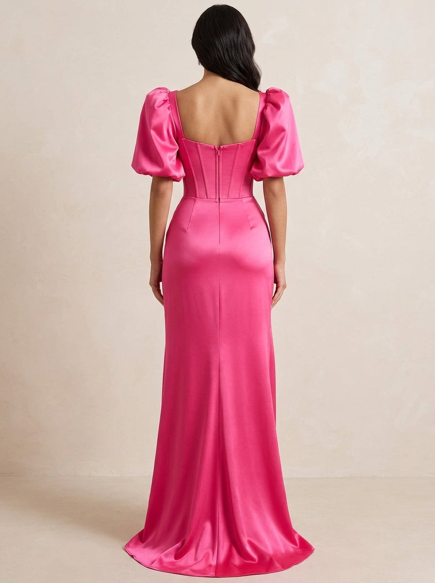 Glamorous Sheath Sweetheart Puff Sleeve Corset High Slit Fuchsia Floor-Length Prom Dress