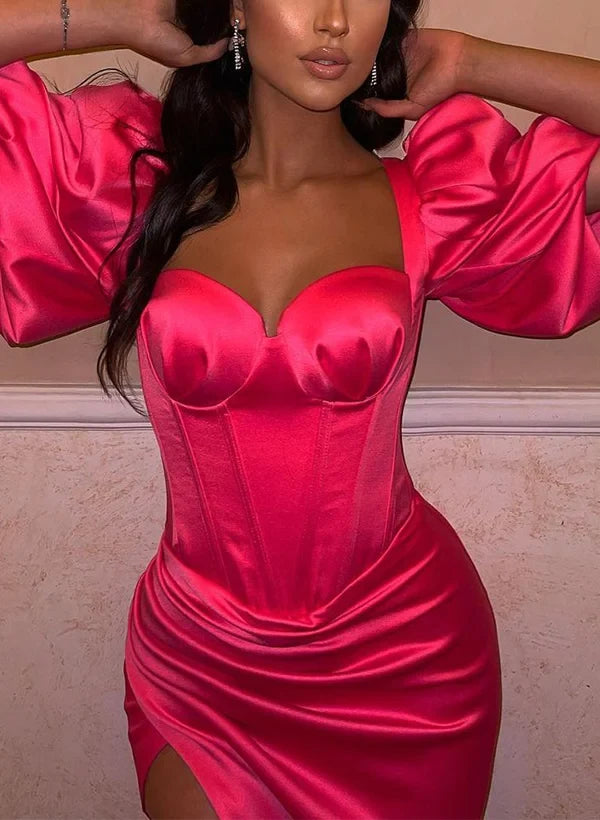 Glamorous Sheath Sweetheart Puff Sleeve Corset High Slit Fuchsia Floor-Length Prom Dress