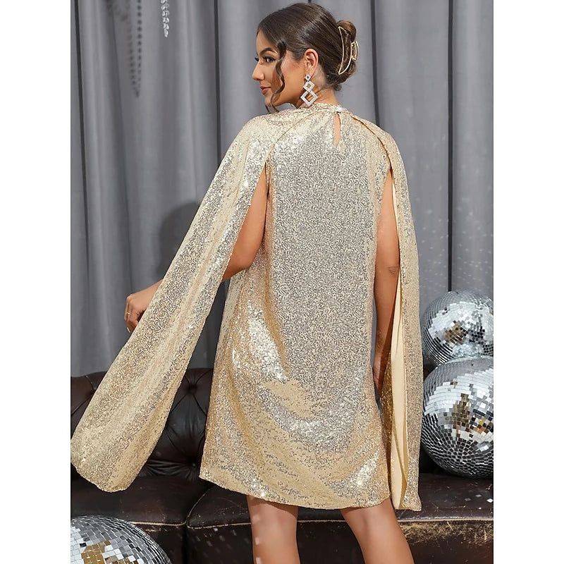 Glamorous Straight Mock Neck Shimmering Sequin Gold Mini Homecoming Dress