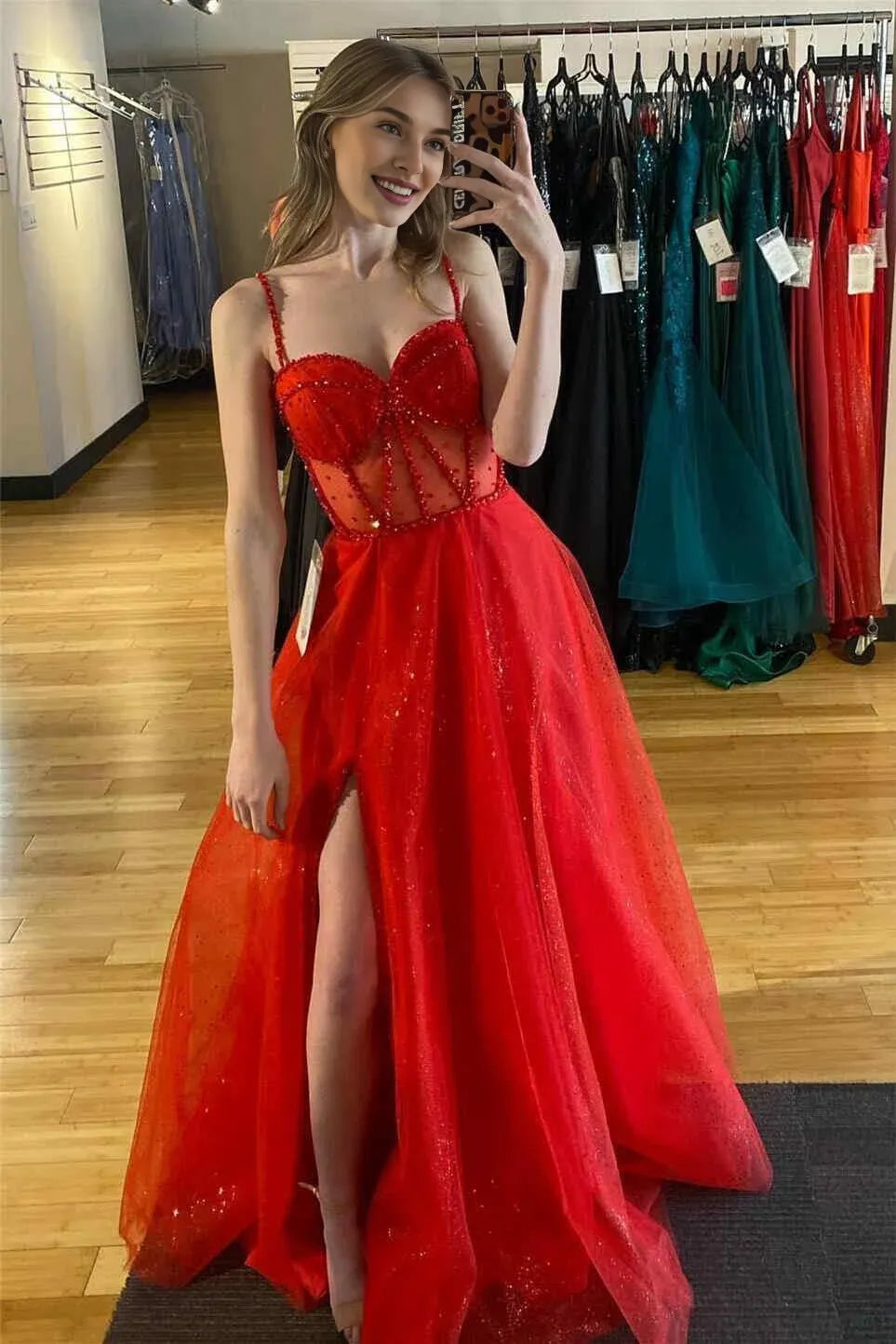 Glitter A-Line Sweetheart Beaded Slit Red Floor Length Evening Dress