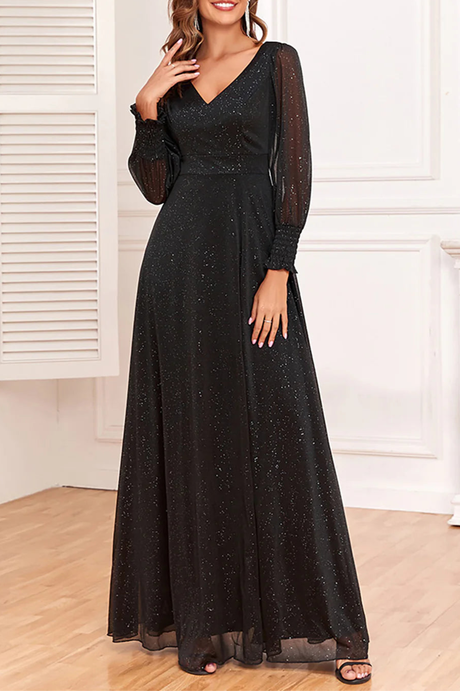 Glitter Black V Neck Long Sleeves A-Line Long Mother of The Bride Dress With Slit