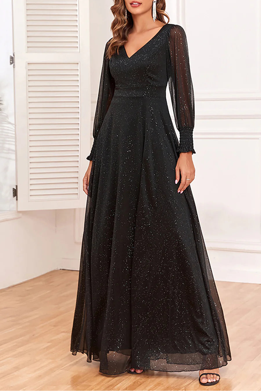 Glitter Black V Neck Long Sleeves A-Line Long Mother of The Bride Dress With Slit