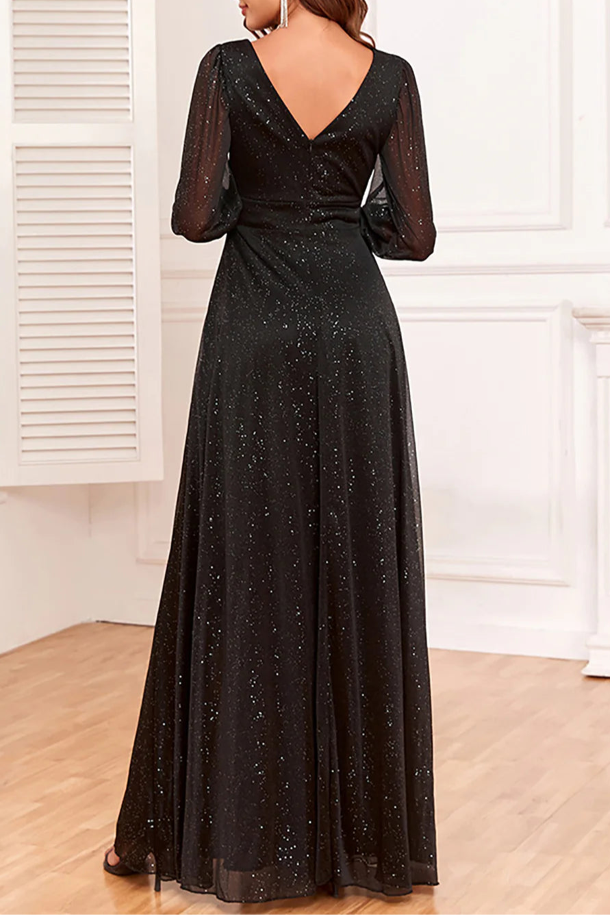 Glitter Black V Neck Long Sleeves A-Line Long Mother of The Bride Dress With Slit