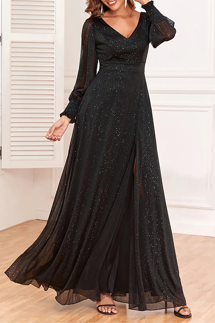 Glitter Black V Neck Long Sleeves A-Line Long Mother of The Bride Dress With Slit