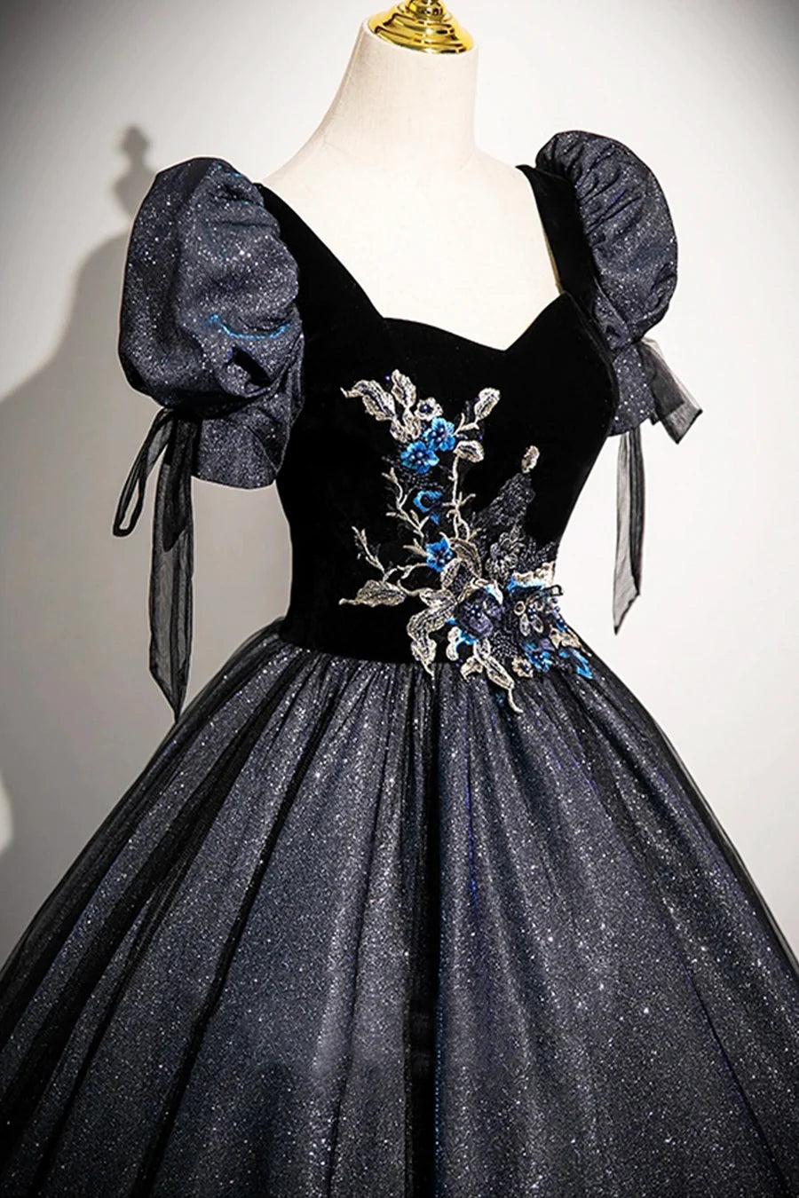 Glitter Black Velvet Short Sleeve A-Line Floor Length Prom Dress Evening Party Dress