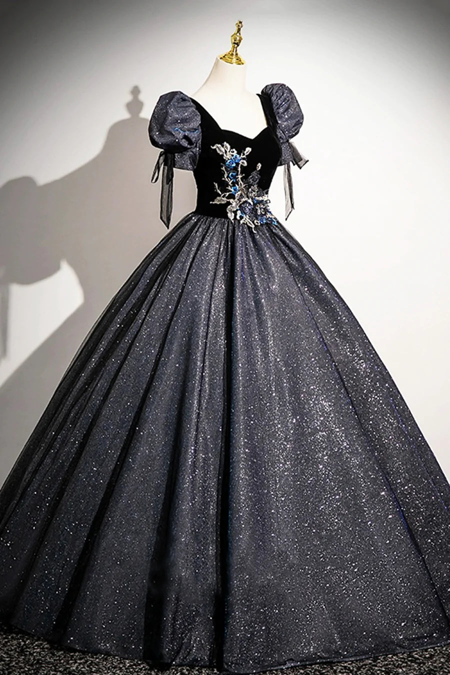 Glitter Black Velvet Short Sleeve A-Line Floor Length Prom Dress Evening Party Dress