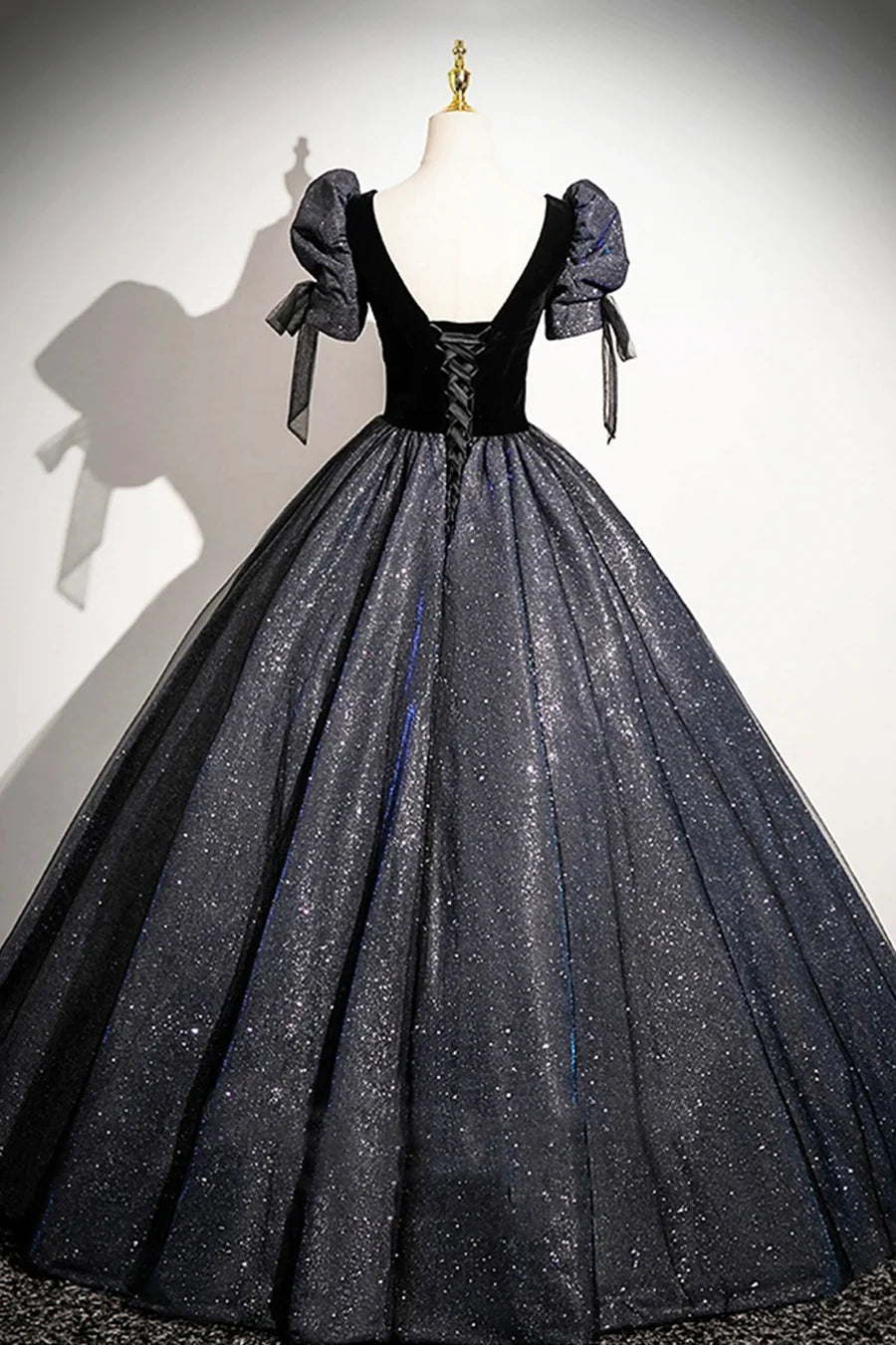 Glitter Black Velvet Short Sleeve A-Line Floor Length Prom Dress Evening Party Dress