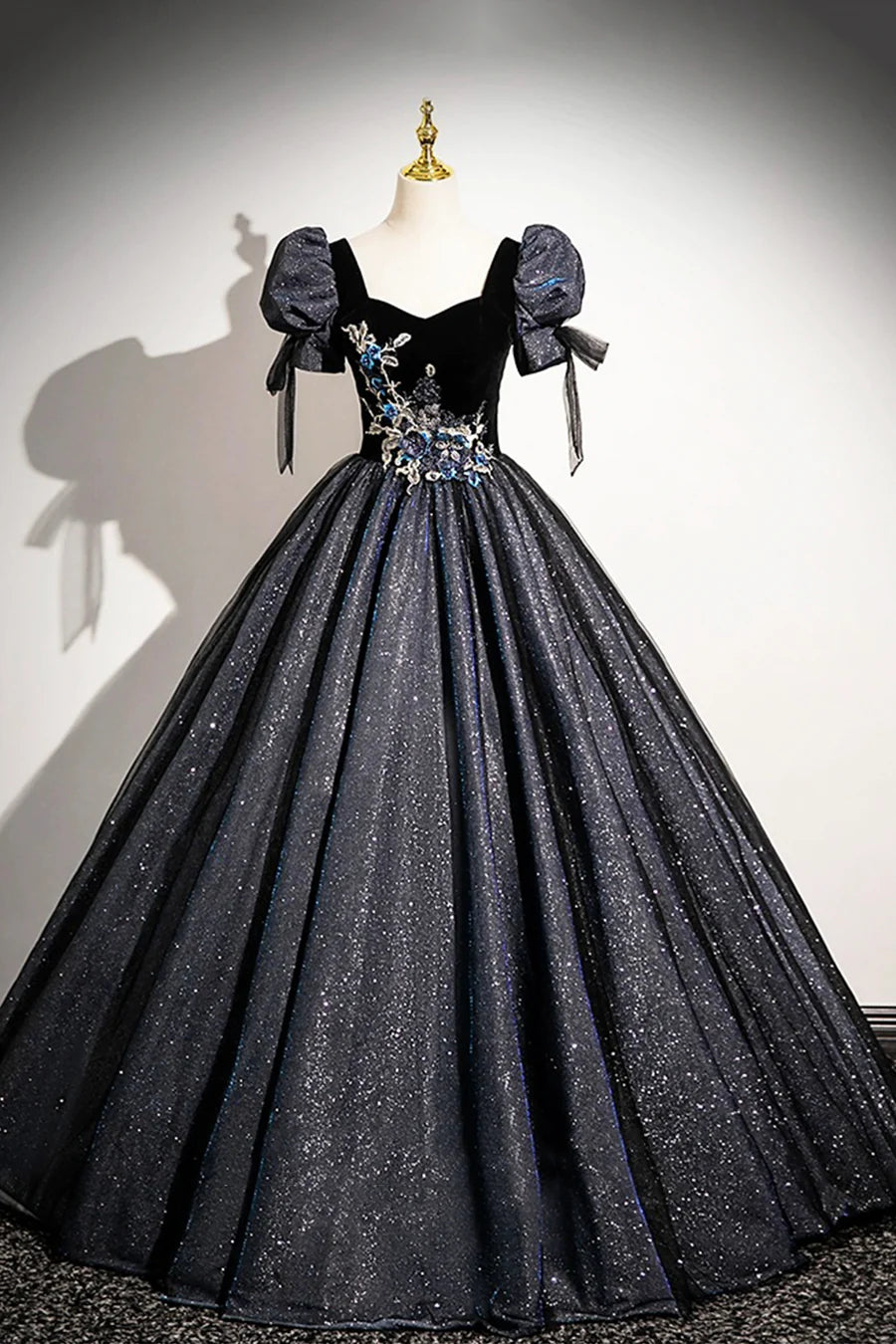 Glitter Black Velvet Short Sleeve A-Line Floor Length Prom Dress Evening Party Dress