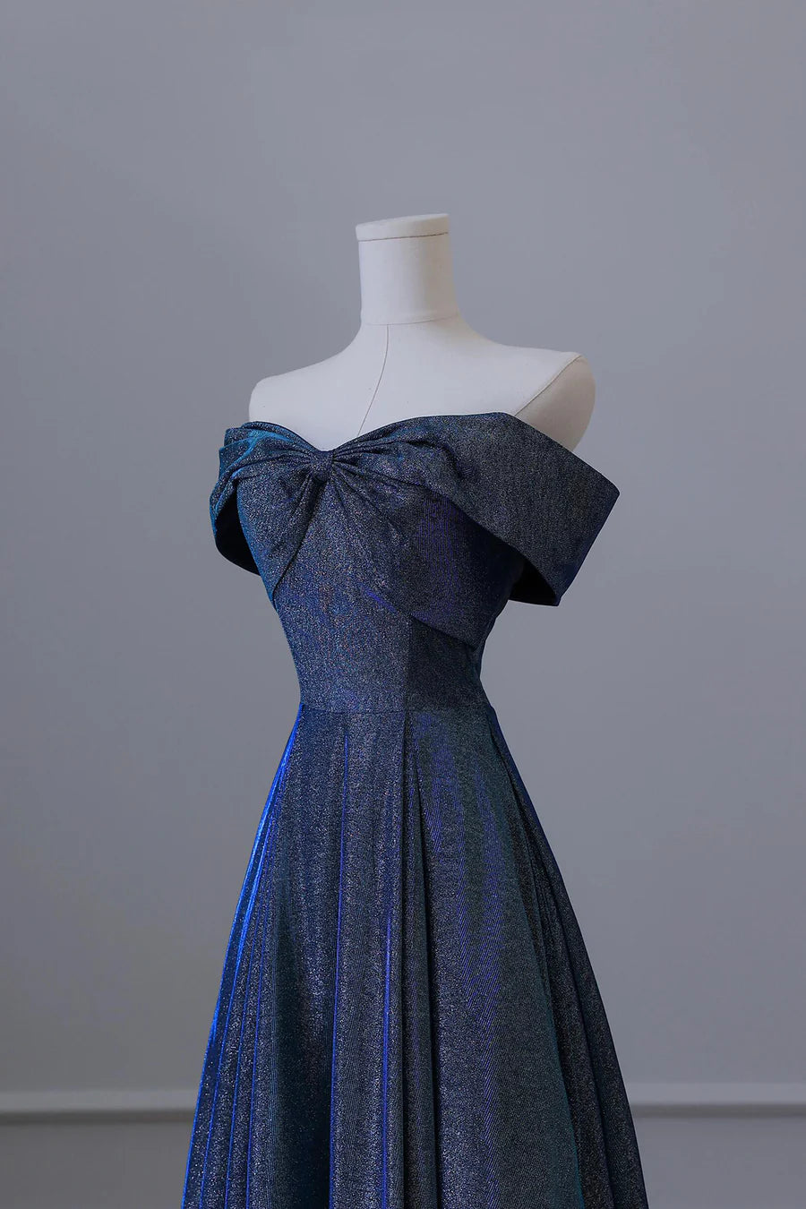 Glitter Blue Polyester Off the Shoulder Back Lace-up A-Line Long Prom Party Dress