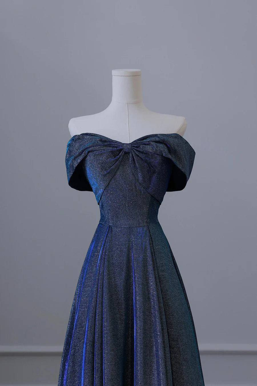 Glitter Blue Polyester Off the Shoulder Back Lace-up A-Line Long Prom Party Dress