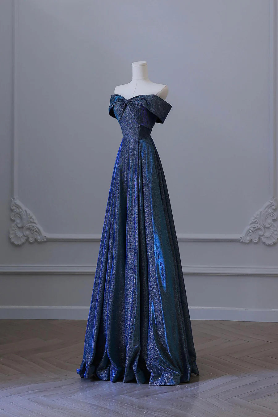 Glitter Blue Polyester Off the Shoulder Back Lace-up A-Line Long Prom Party Dress