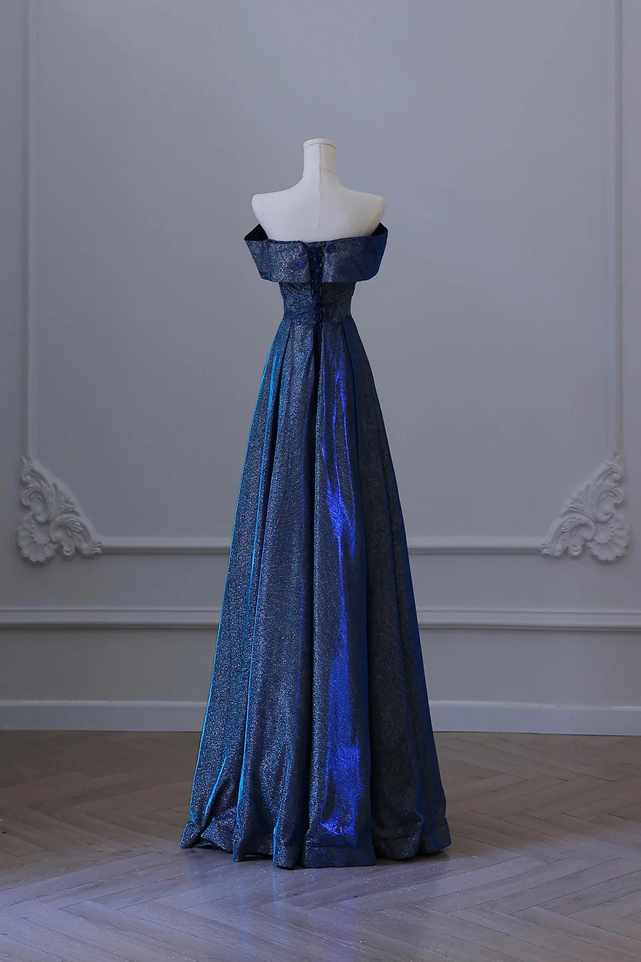 Glitter Blue Polyester Off the Shoulder Back Lace-up A-Line Long Prom Party Dress